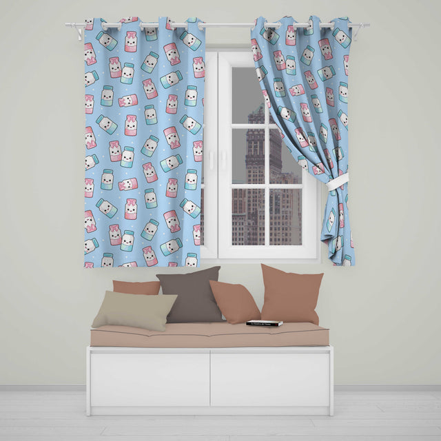 Cute Kawaii Sweet Sugar Jars with Bows Pastel Blue Background Seamless Pattern  Readymade Eyelet Ring Top Thermal 100% Blackout Curtains