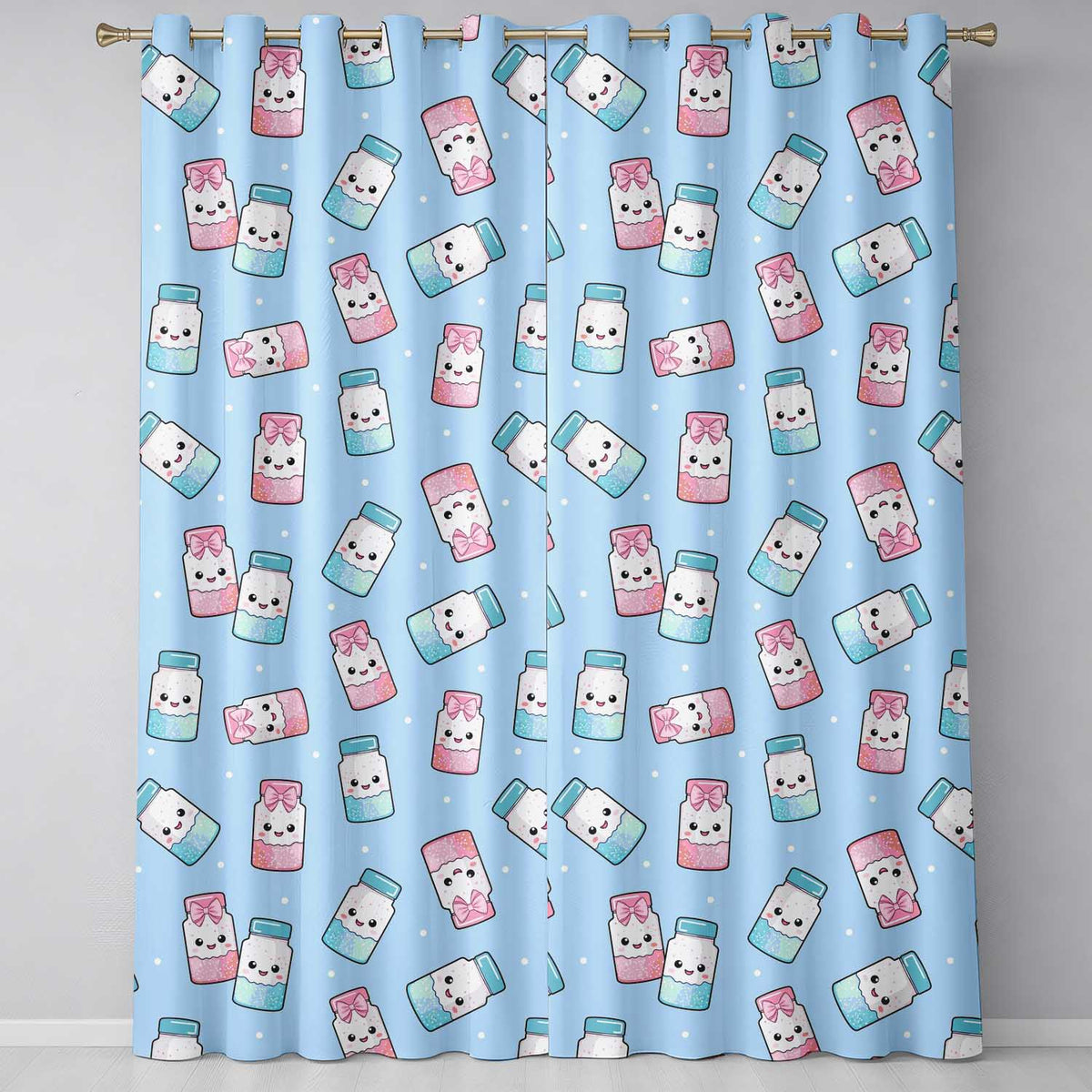 Cute Kawaii Sweet Sugar Jars with Bows Pastel Blue Background Seamless Pattern  Readymade Eyelet Ring Top Thermal 100% Blackout Curtains