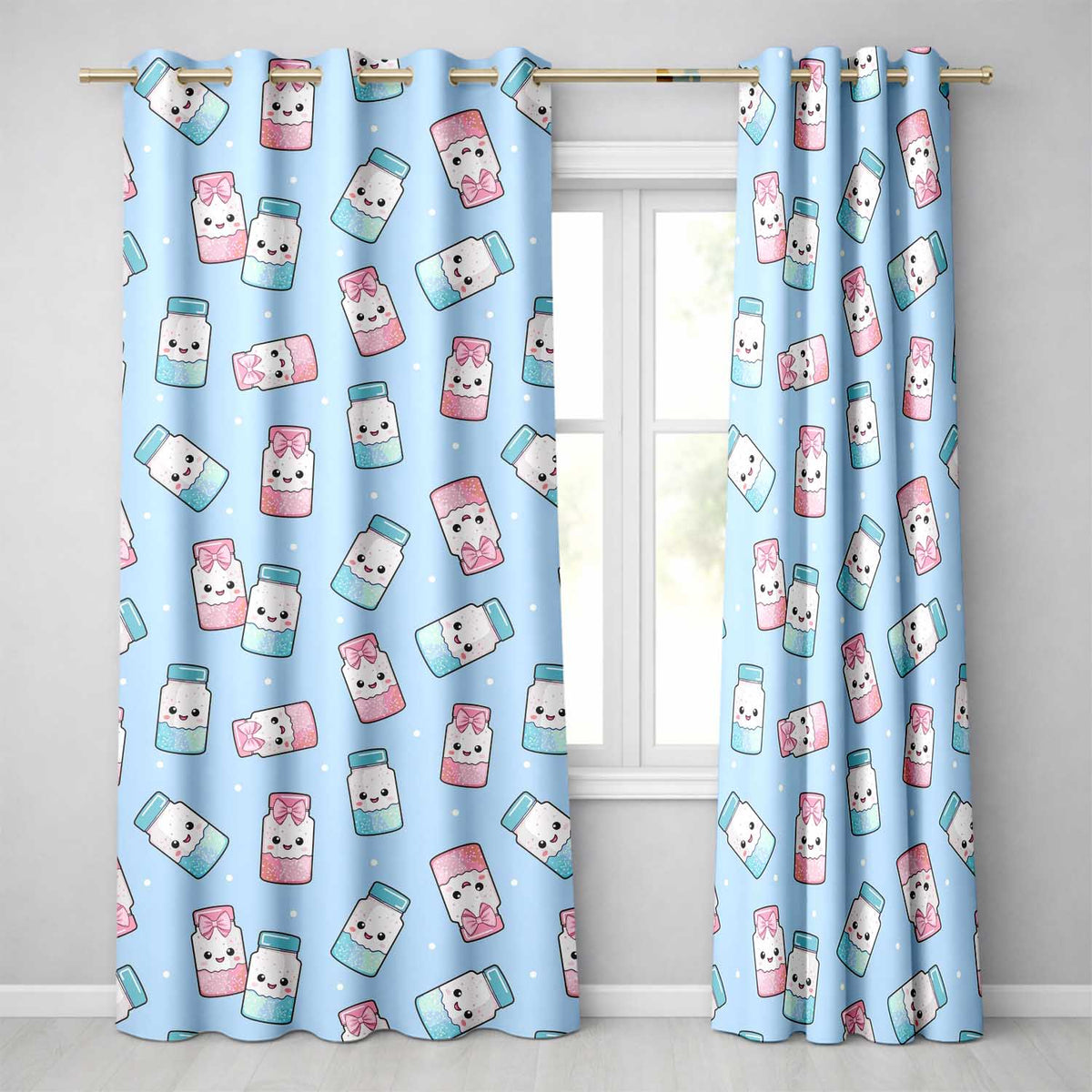 Cute Kawaii Sweet Sugar Jars with Bows Pastel Blue Background Seamless Pattern  Readymade Eyelet Ring Top Thermal 100% Blackout Curtains