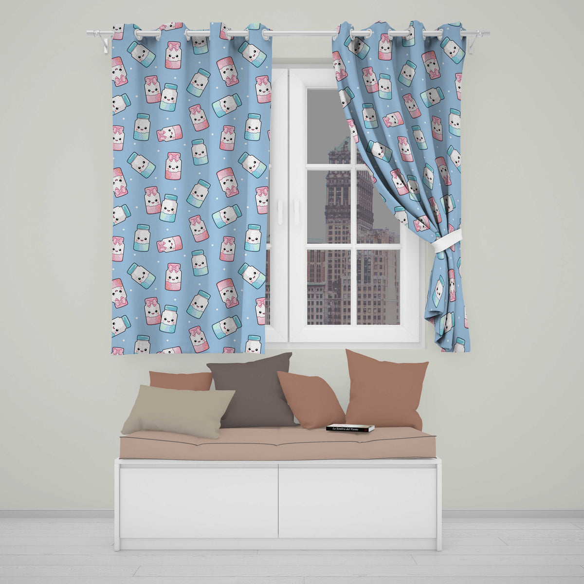 Cute Kawaii Sweet Sugar Jars with Bows Soft Blue Background Seamless Pattern  Readymade Eyelet Ring Top Thermal 100% Blackout Curtains