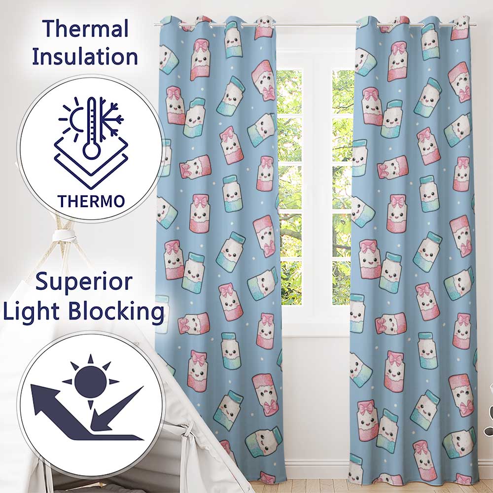 Cute Kawaii Sweet Sugar Jars with Bows Soft Blue Background Seamless Pattern  Readymade Eyelet Ring Top Thermal 100% Blackout Curtains