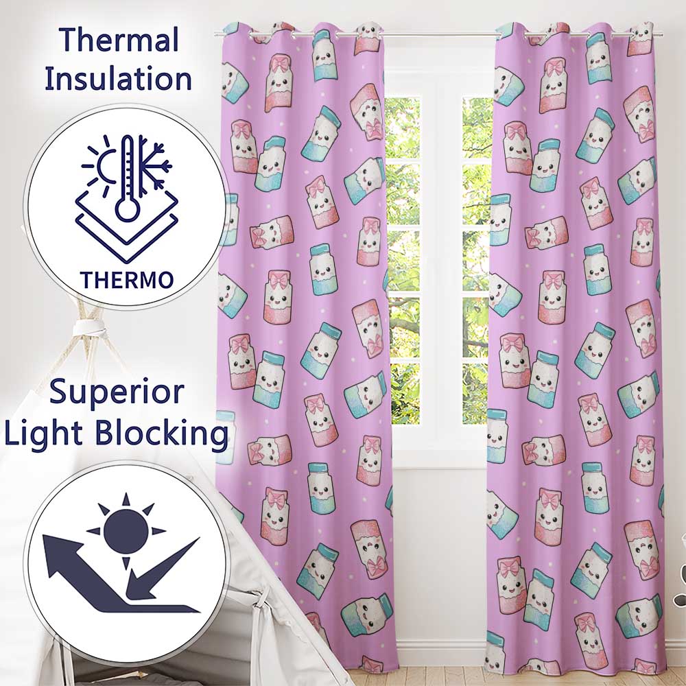 Cute Kawaii Sweet Sugar Jars with Bows Purple Background Seamless Pattern  Readymade Eyelet Ring Top Thermal 100% Blackout Curtains