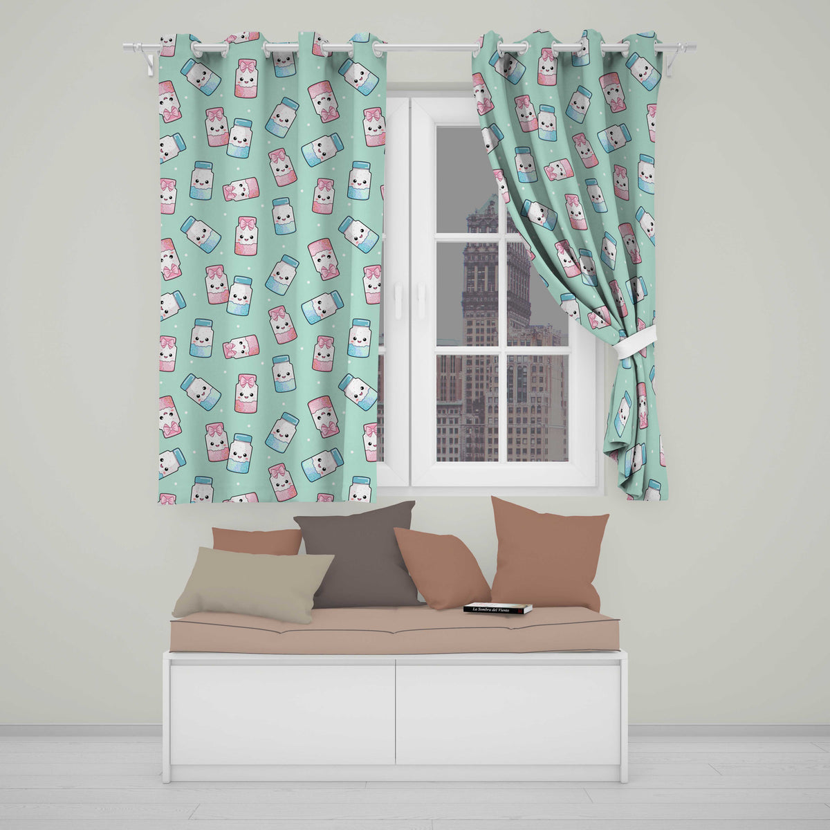 Cute Kawaii Sweet Sugar Jars with Bows Mint Green Background Seamless Pattern  Readymade Eyelet Ring Top Thermal 100% Blackout Curtains