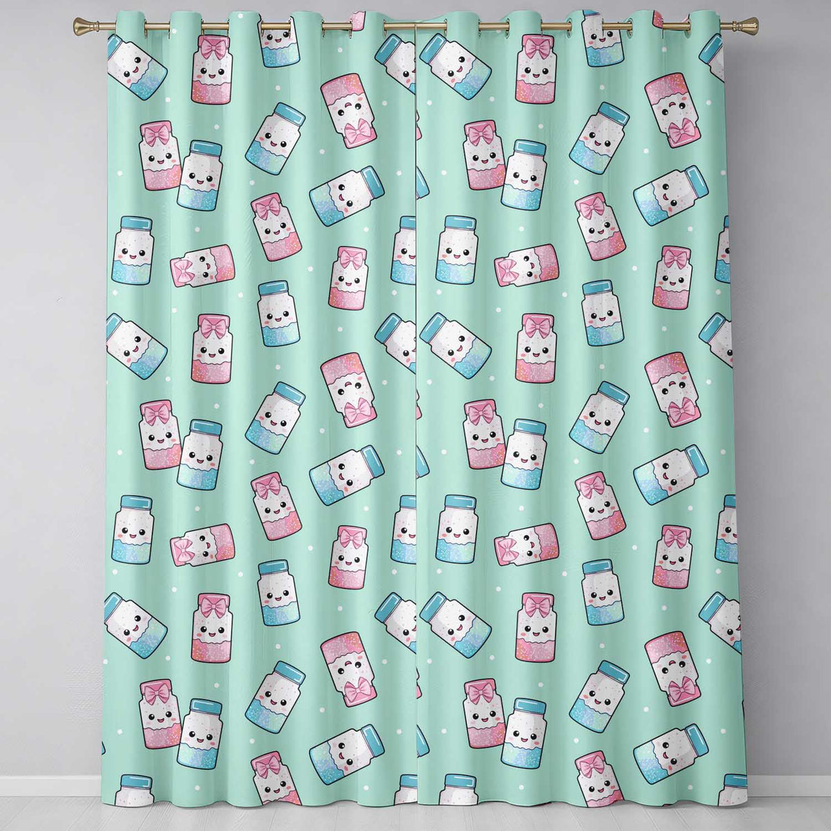 Cute Kawaii Sweet Sugar Jars with Bows Mint Green Background Seamless Pattern  Readymade Eyelet Ring Top Thermal 100% Blackout Curtains