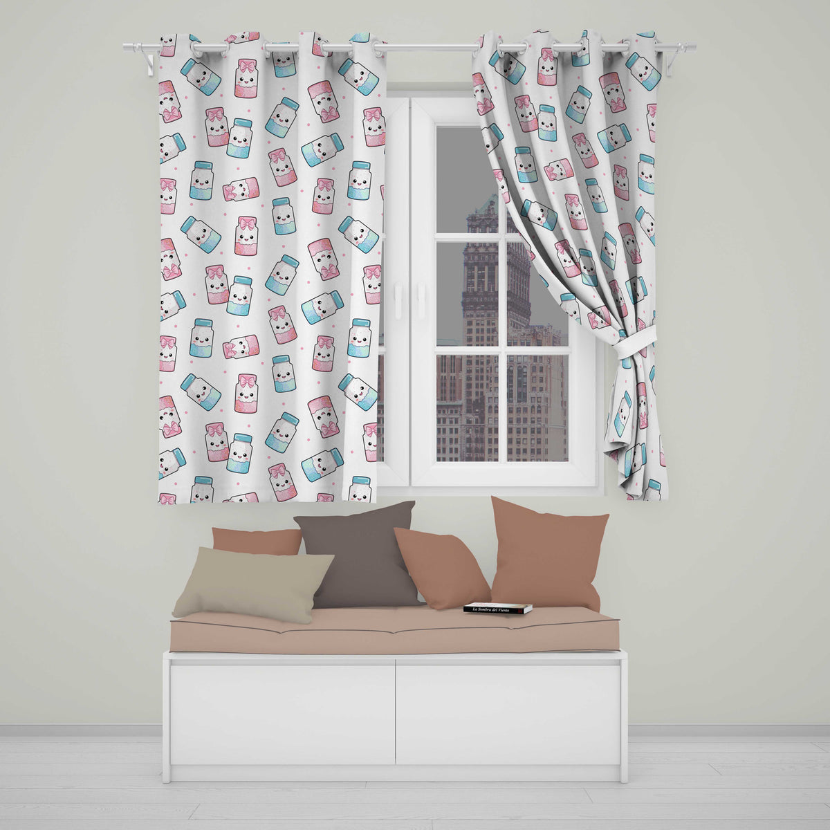 Kawaii Sweet Sugar Jars with Bows Light Grey Polka Background Seamless Pattern  Readymade Eyelet Ring Top Thermal 100% Blackout Curtains