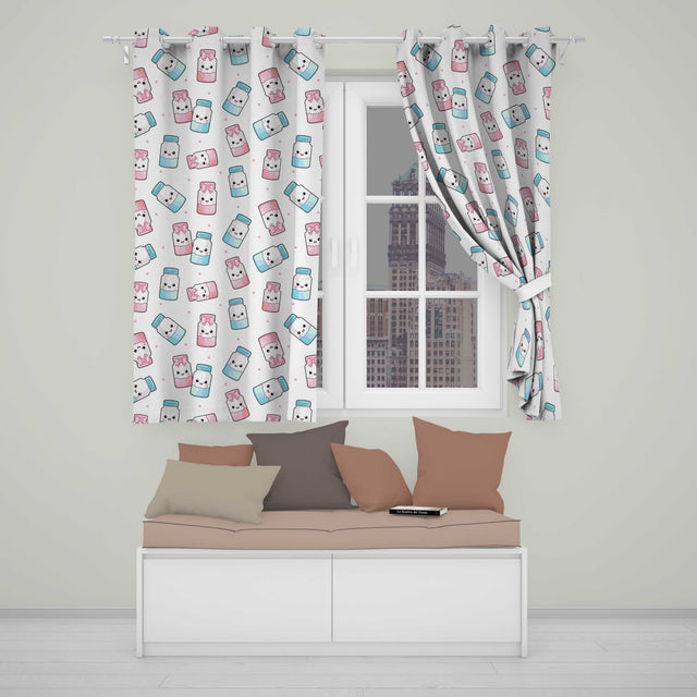 Kawaii Sweet Sugar Jars with Bows Light Grey Polka Background Seamless Pattern  Readymade Eyelet Ring Top Thermal 100% Blackout Curtains