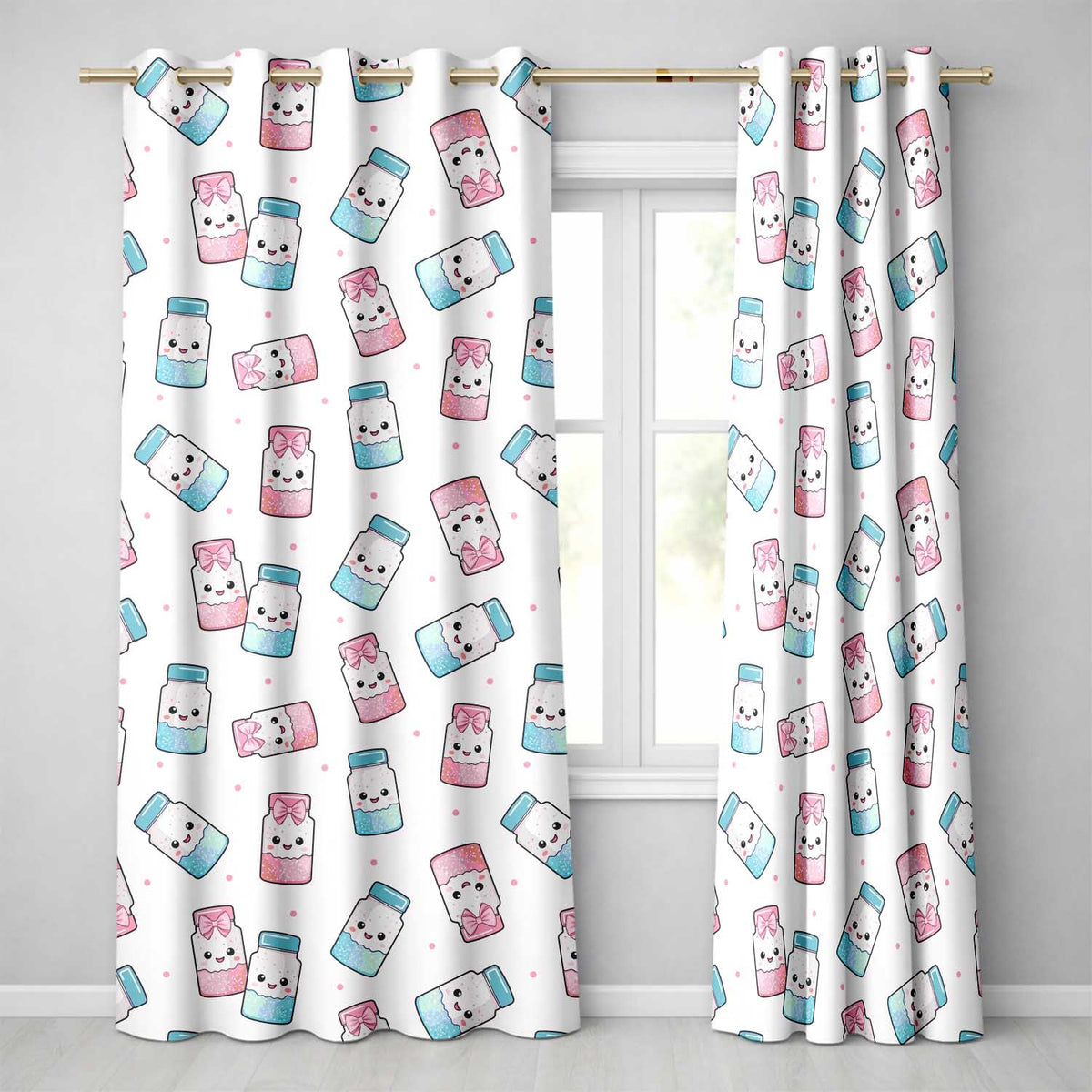 Kawaii Sweet Sugar Jars with Bows Light Grey Polka Background Seamless Pattern  Readymade Eyelet Ring Top Thermal 100% Blackout Curtains