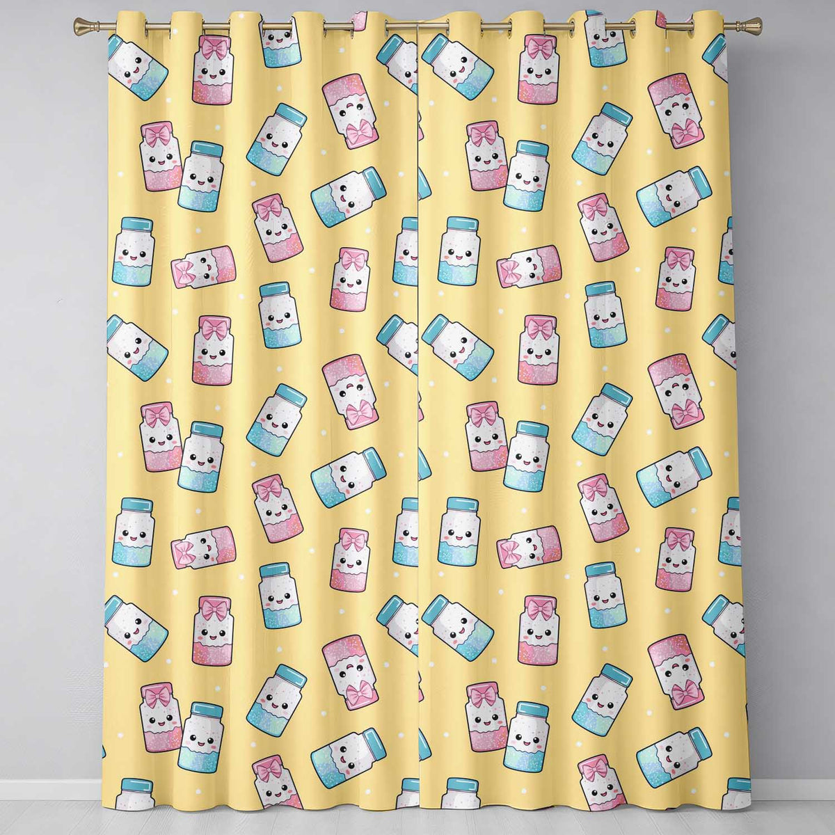 Cute Kawaii Sweet Sugar Jars with Bows Warm Yellow Background Seamless Pattern  Readymade Eyelet Ring Top Thermal 100% Blackout Curtains