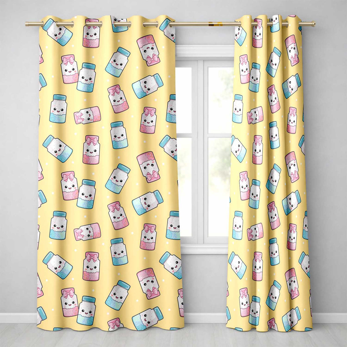 Cute Kawaii Sweet Sugar Jars with Bows Warm Yellow Background Seamless Pattern  Readymade Eyelet Ring Top Thermal 100% Blackout Curtains