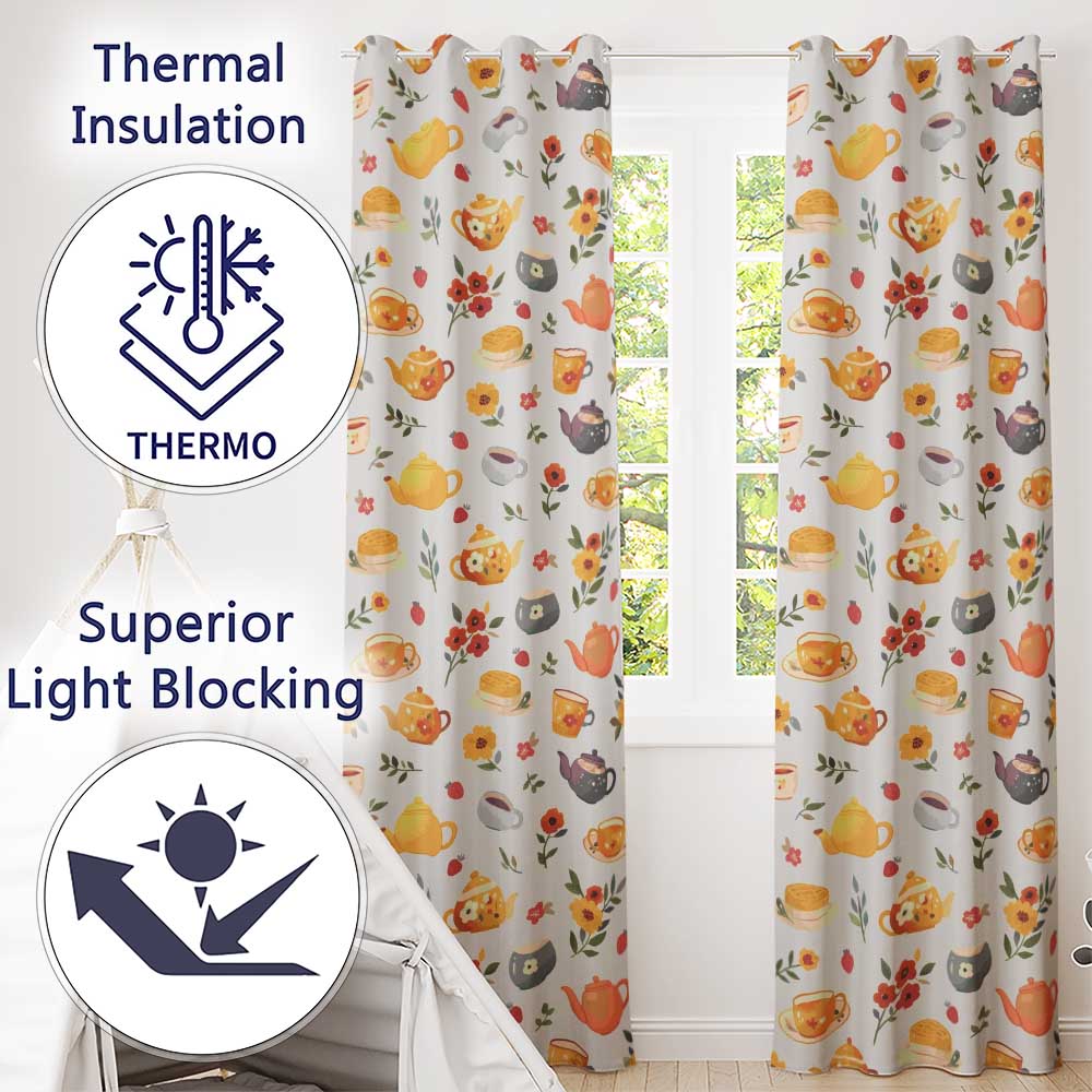 Cute Vintage Teapots Cups Flowers  Cream Background Seamless Pattern  Readymade Eyelet Ring Top Thermal 100% Blackout Curtains