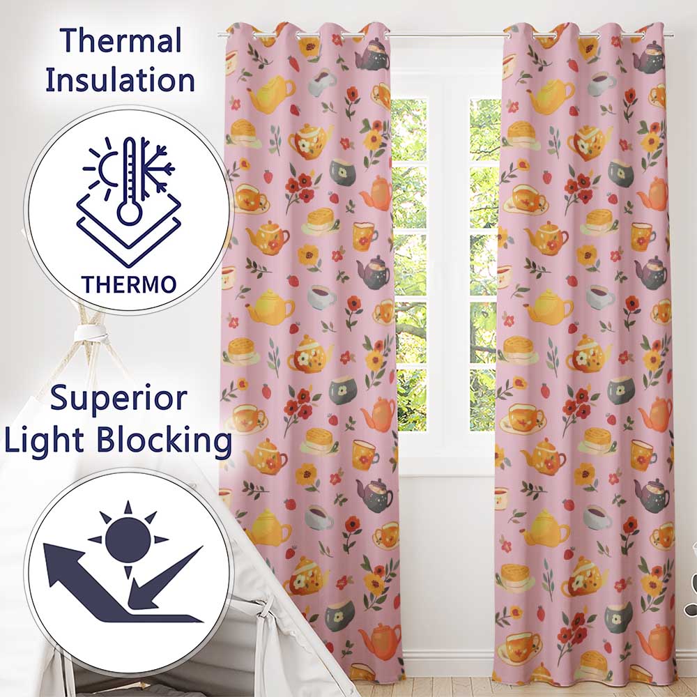 Cute Vintage Teapots Cups Flowers  Rose Pink Background Seamless Pattern  Readymade Eyelet Ring Top Thermal 100% Blackout Curtains