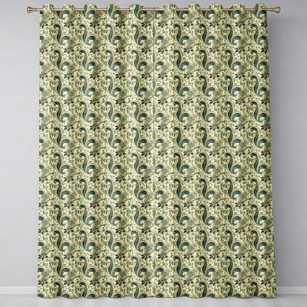 Elegant Green Gold Paisley Floral Seamless Pattern  Readymade Eyelet Ring Top Thermal 100% Blackout Curtains