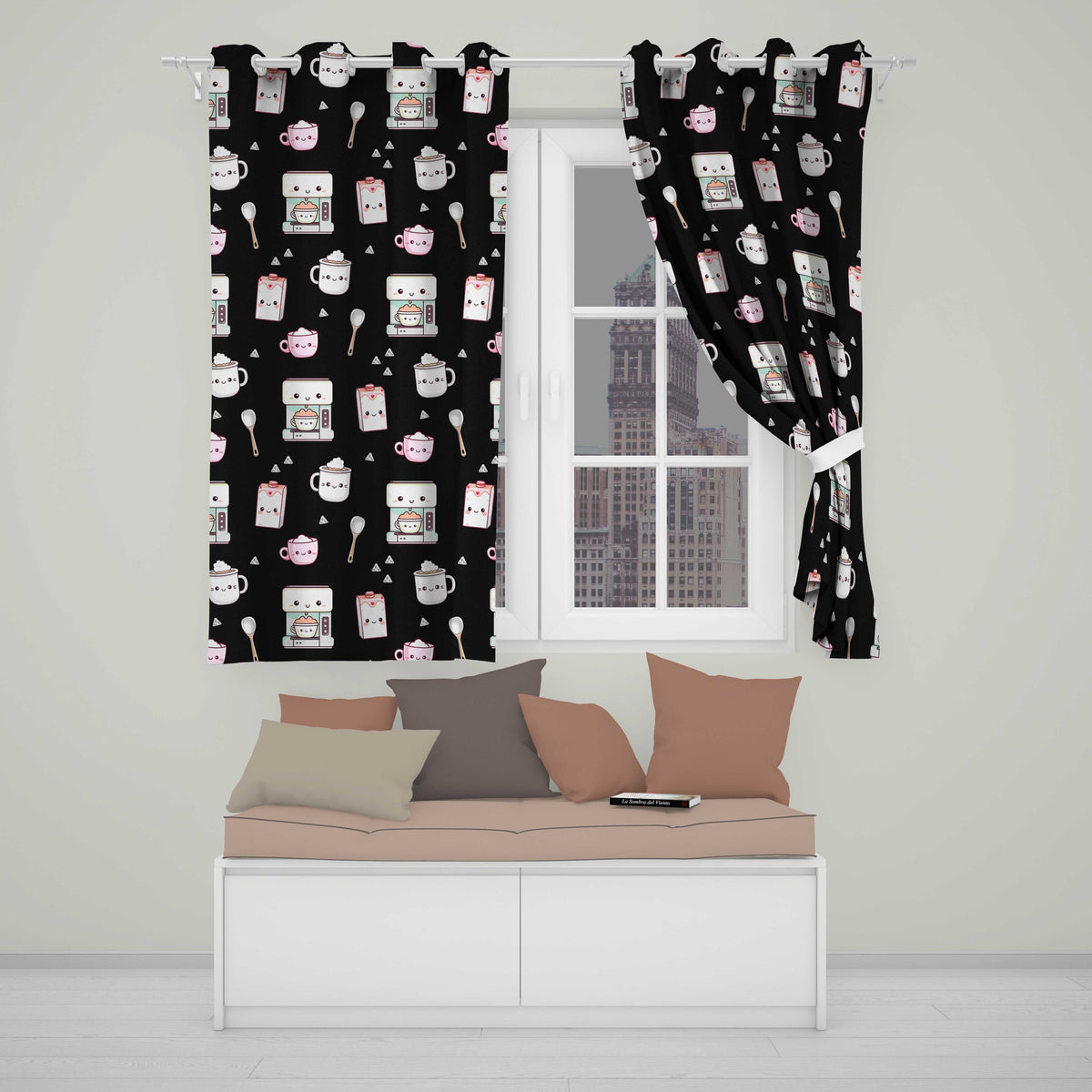 Cute Kawaii Coffee Kitchen Appliances Seamless Pattern  Readymade Eyelet Ring Top Thermal 100% Blackout Curtains