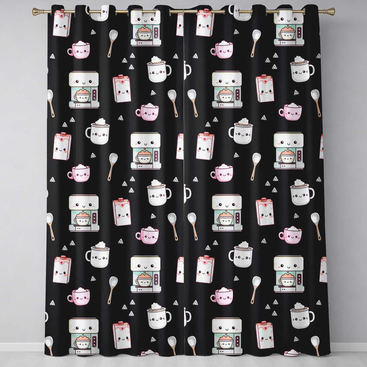 Cute Kawaii Coffee Kitchen Appliances Seamless Pattern  Readymade Eyelet Ring Top Thermal 100% Blackout Curtains