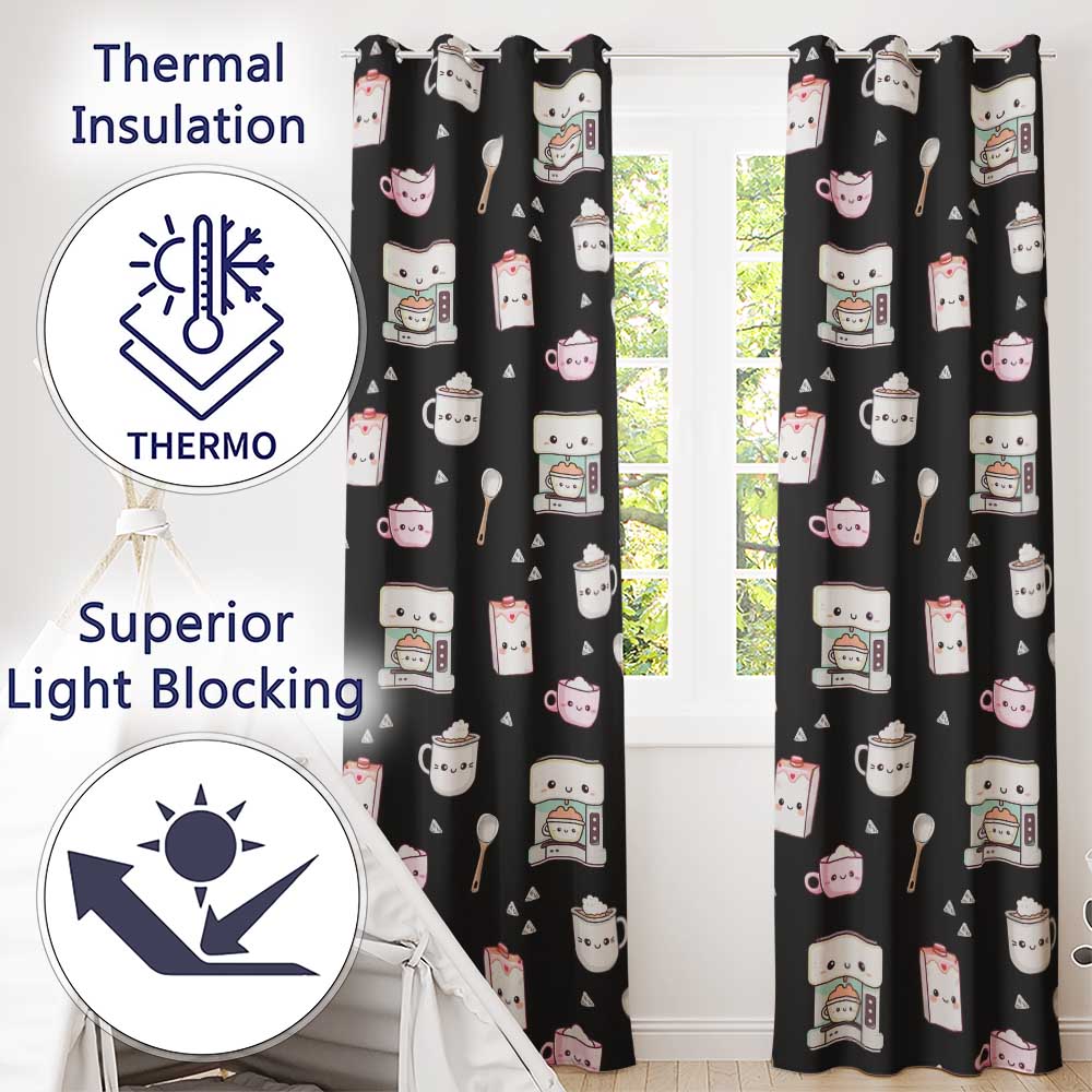 Cute Kawaii Coffee Kitchen Appliances Seamless Pattern  Readymade Eyelet Ring Top Thermal 100% Blackout Curtains