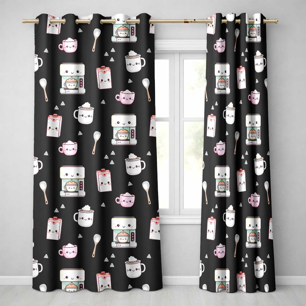 Cute Kawaii Coffee Kitchen Appliances Seamless Pattern  Readymade Eyelet Ring Top Thermal 100% Blackout Curtains
