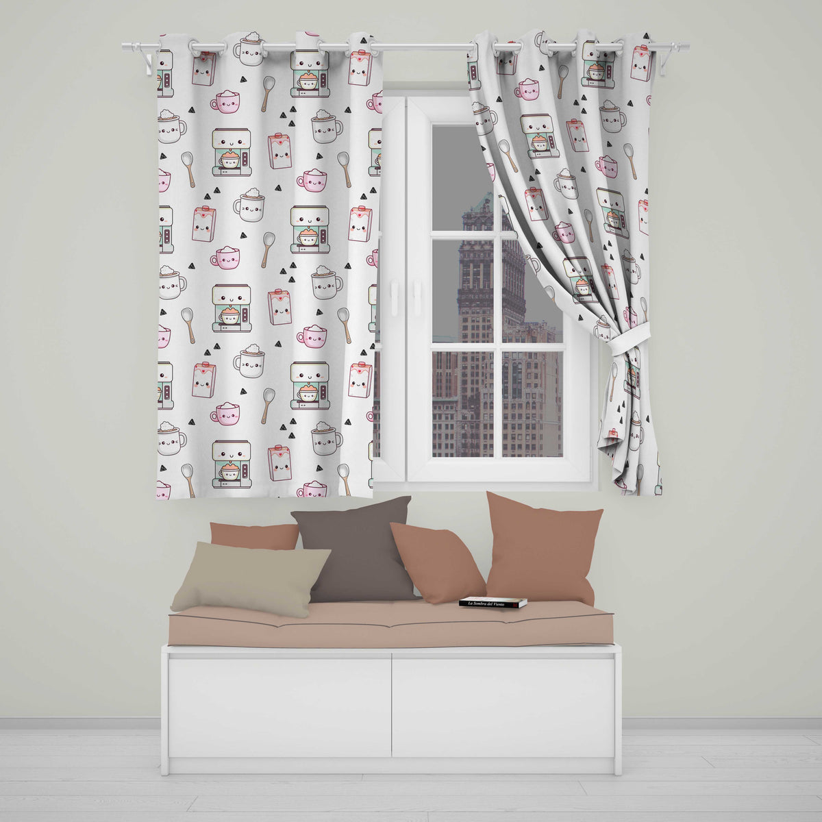 Cute Kawaii Kitchen Appliances Seamless Pattern  Readymade Eyelet Ring Top Thermal 100% Blackout Curtains