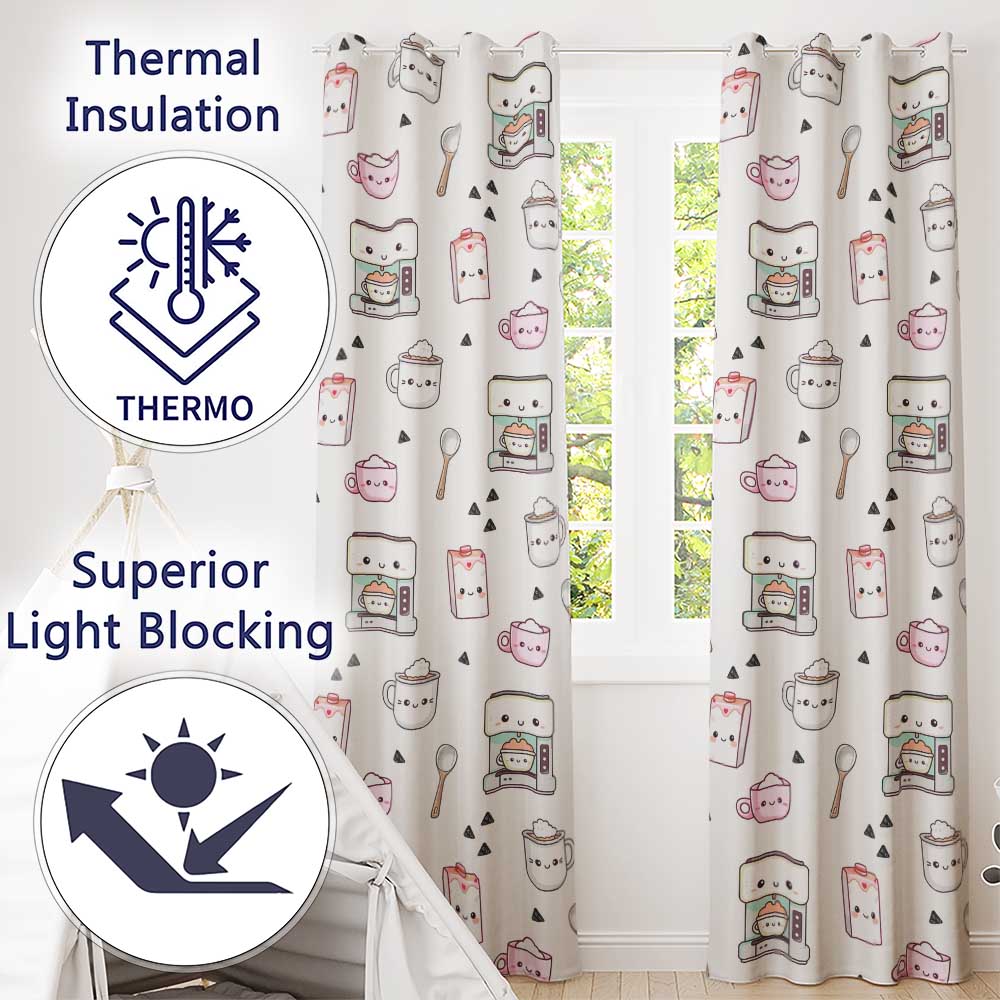 Cute Kawaii Kitchen Appliances Seamless Pattern  Readymade Eyelet Ring Top Thermal 100% Blackout Curtains