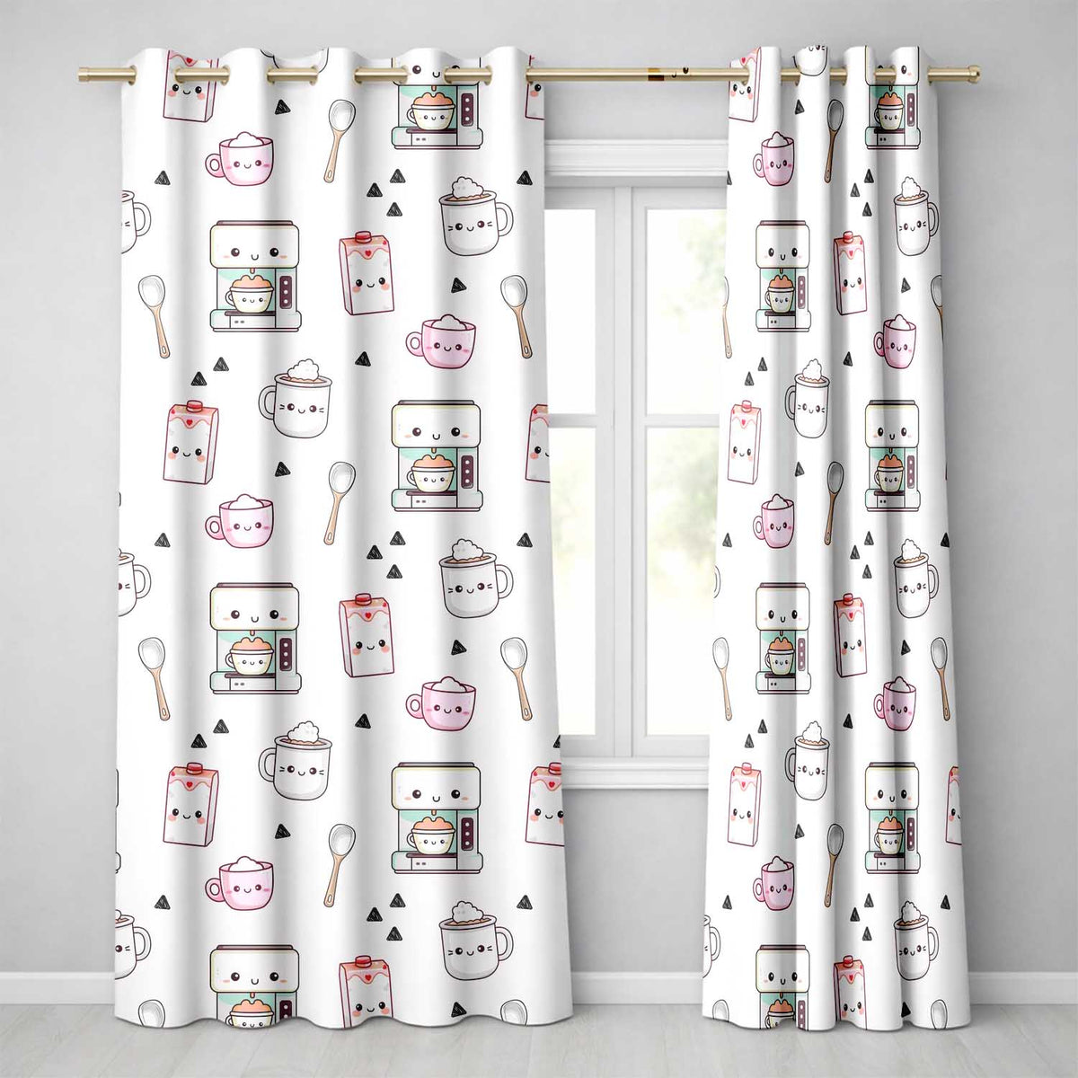 Cute Kawaii Kitchen Appliances Seamless Pattern  Readymade Eyelet Ring Top Thermal 100% Blackout Curtains