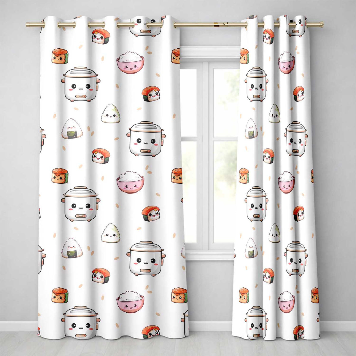 Cute Kawaii Sushi Rice Cooker Japanese Food Seamless Pattern  Readymade Eyelet Ring Top Thermal 100% Blackout Curtains