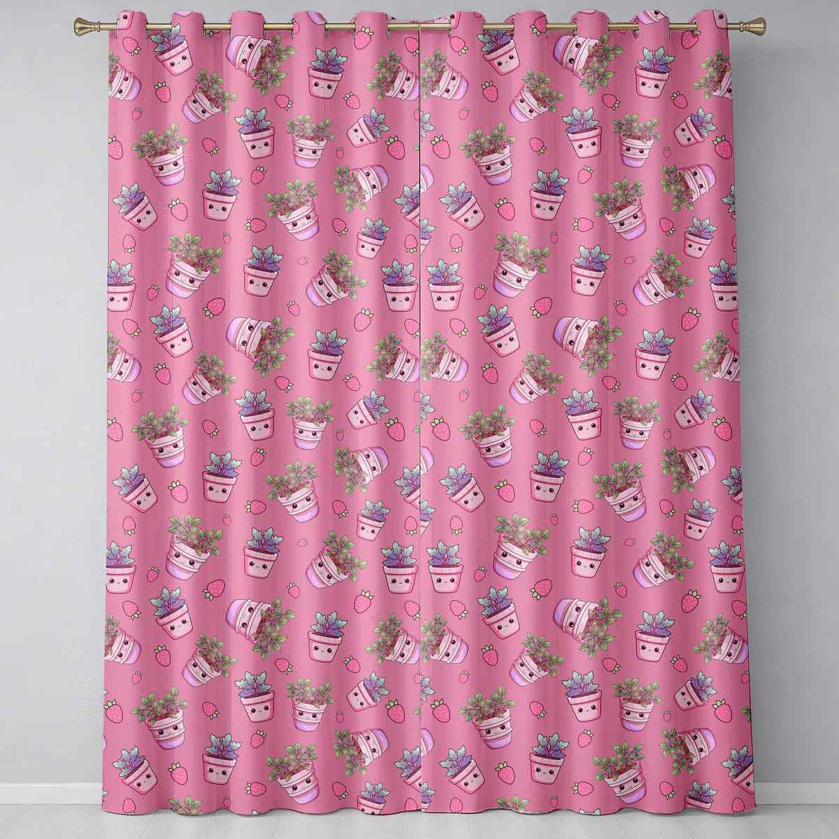 Cute Kawaii Strawberry Plant Pots Pink Background Seamless Pattern  Readymade Eyelet Ring Top Thermal 100% Blackout Curtains