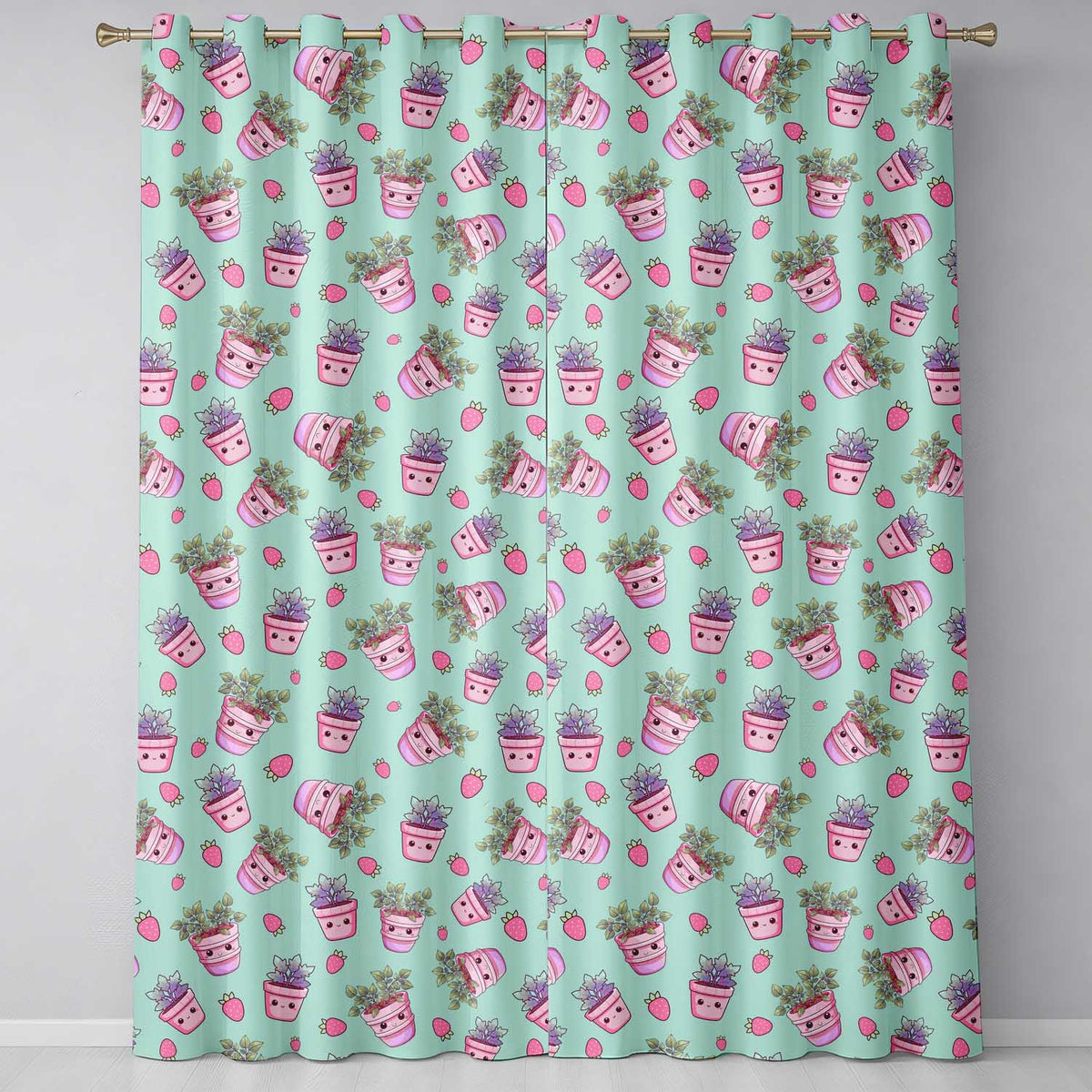 Cute Kawaii Strawberry Plant Pots Teal Background Seamless Pattern  Readymade Eyelet Ring Top Thermal 100% Blackout Curtains