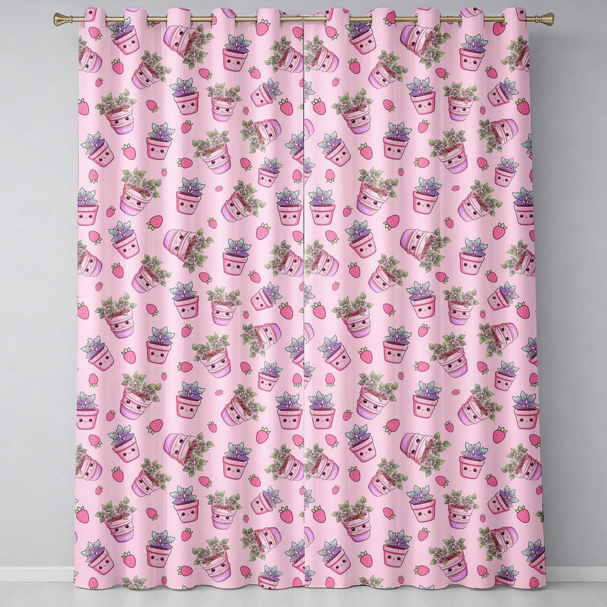 Cute Kawaii Strawberry Plant Pots Pastel Pink Seamless Pattern  Readymade Eyelet Ring Top Thermal 100% Blackout Curtains