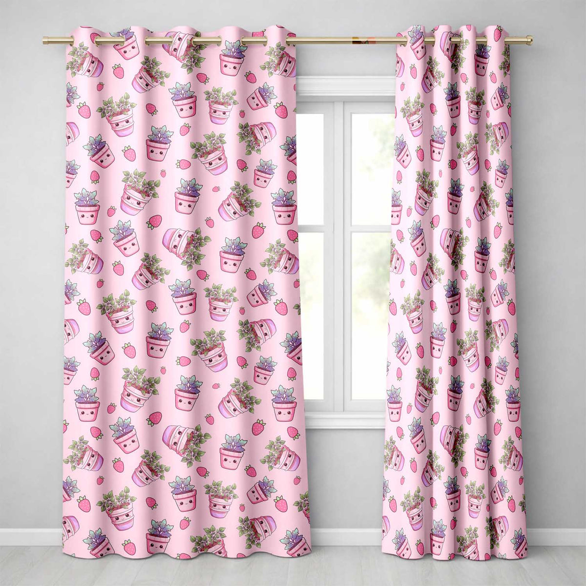 Cute Kawaii Strawberry Plant Pots Pastel Pink Seamless Pattern  Readymade Eyelet Ring Top Thermal 100% Blackout Curtains