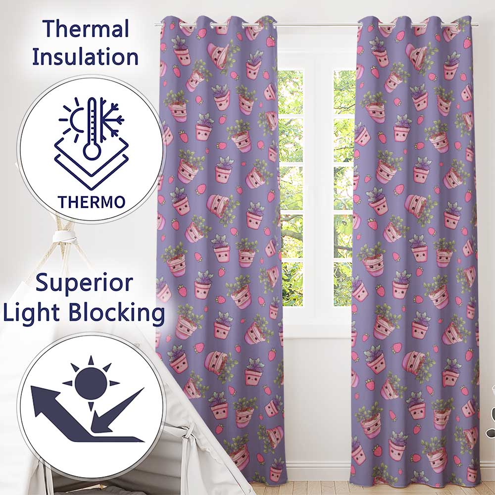 Cute Kawaii Strawberry Plant Pots Purple Background Seamless Pattern  Readymade Eyelet Ring Top Thermal 100% Blackout Curtains
