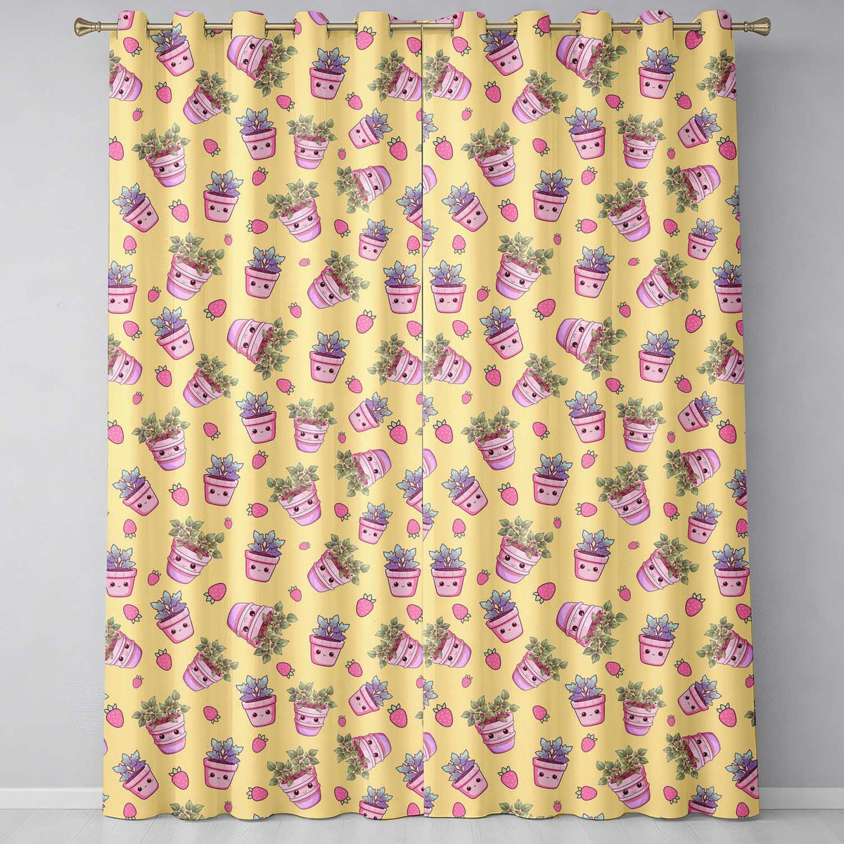Cute Kawaii Strawberry Plant Pots Yellow Background Seamless Pattern  Readymade Eyelet Ring Top Thermal 100% Blackout Curtains