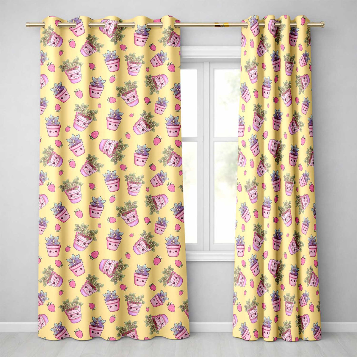 Cute Kawaii Strawberry Plant Pots Yellow Background Seamless Pattern  Readymade Eyelet Ring Top Thermal 100% Blackout Curtains