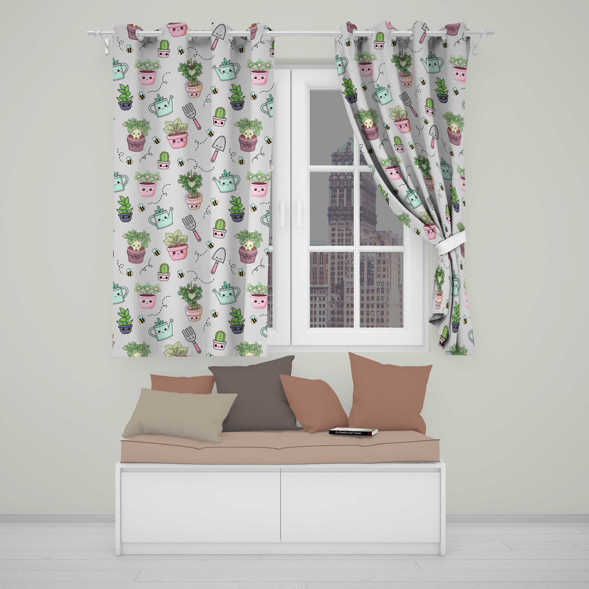 Cute Kawaii Garden Tools Plants Bees Cream Background Seamless Pattern  Readymade Eyelet Ring Top Thermal 100% Blackout Curtains