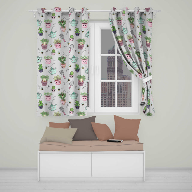 Cute Kawaii Garden Tools Plants Bees Cream Background Seamless Pattern  Readymade Eyelet Ring Top Thermal 100% Blackout Curtains