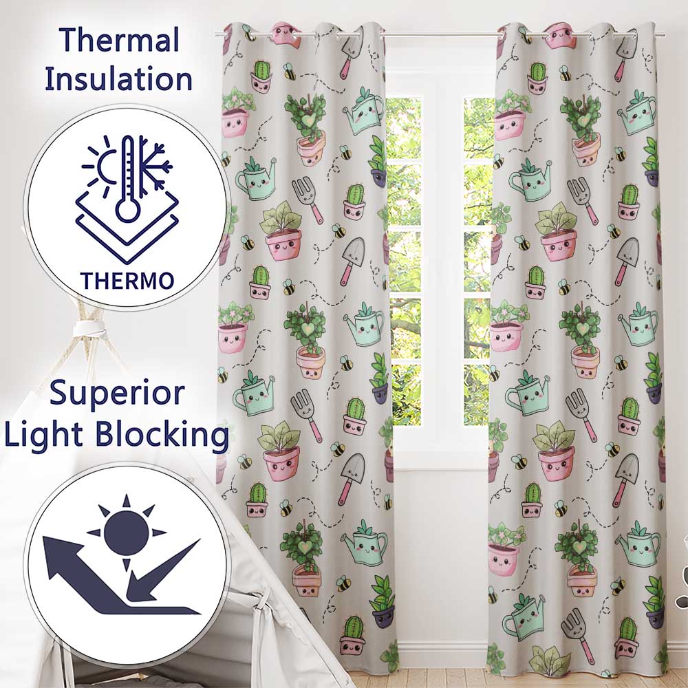Cute Kawaii Garden Tools Plants Bees Cream Background Seamless Pattern  Readymade Eyelet Ring Top Thermal 100% Blackout Curtains