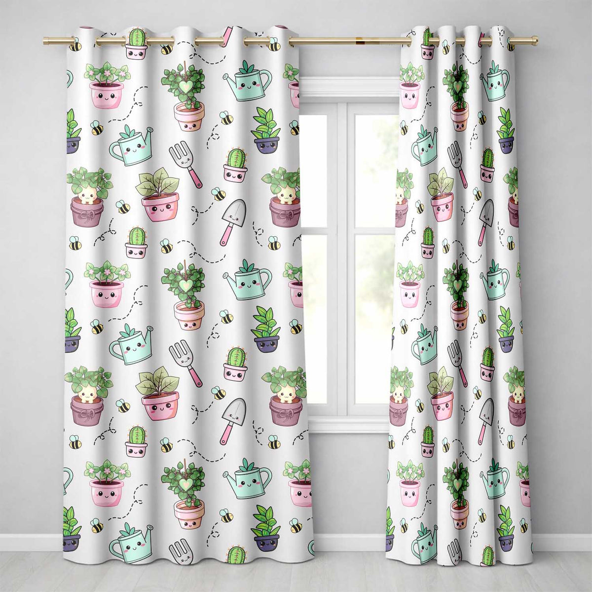 Cute Kawaii Garden Tools Plants Bees Cream Background Seamless Pattern  Readymade Eyelet Ring Top Thermal 100% Blackout Curtains