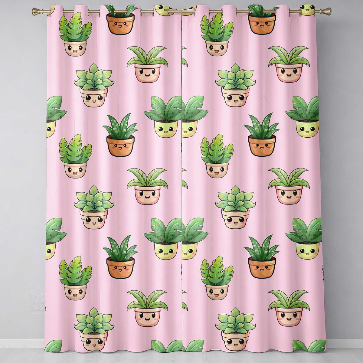 Cute Kawaii Indoor Plants Blush Pink Background Seamless Pattern  Readymade Eyelet Ring Top Thermal 100% Blackout Curtains