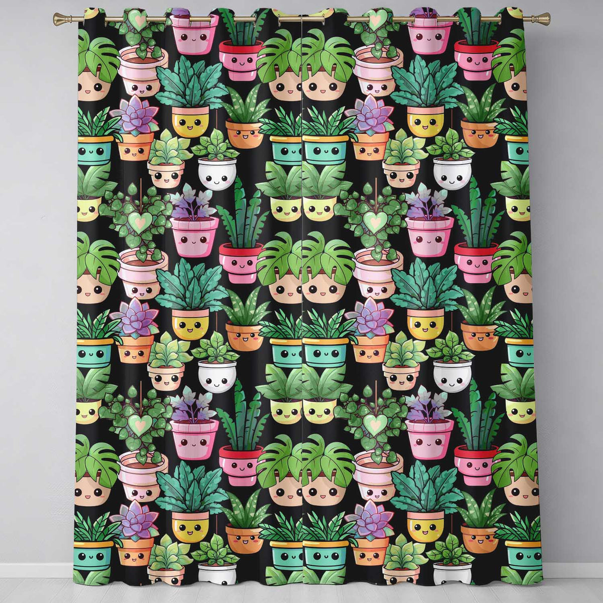 Cute Kawaii Indoor Plants Black Background Seamless Pattern  Readymade Eyelet Ring Top Thermal 100% Blackout Curtains