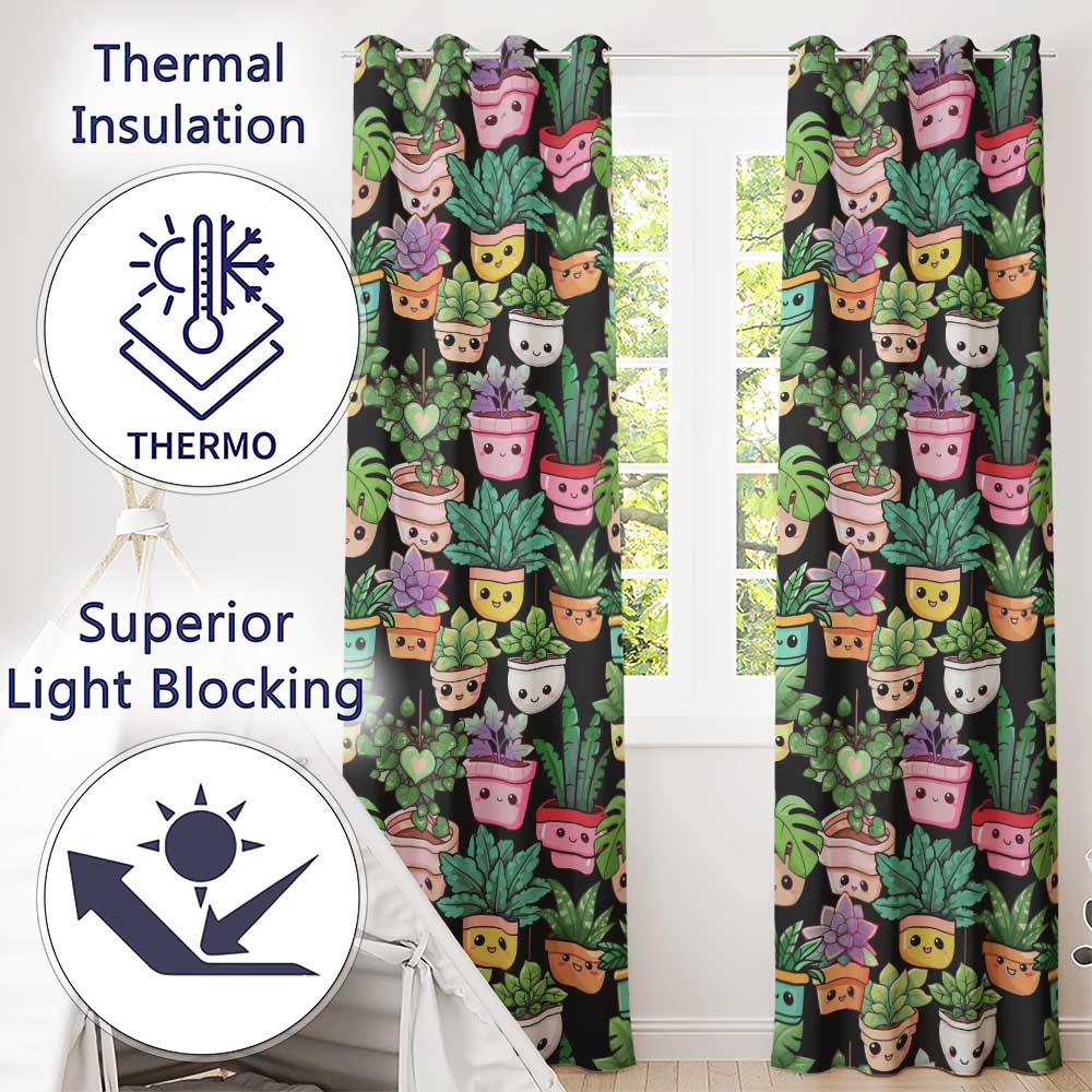 Cute Kawaii Indoor Plants Black Background Seamless Pattern  Readymade Eyelet Ring Top Thermal 100% Blackout Curtains