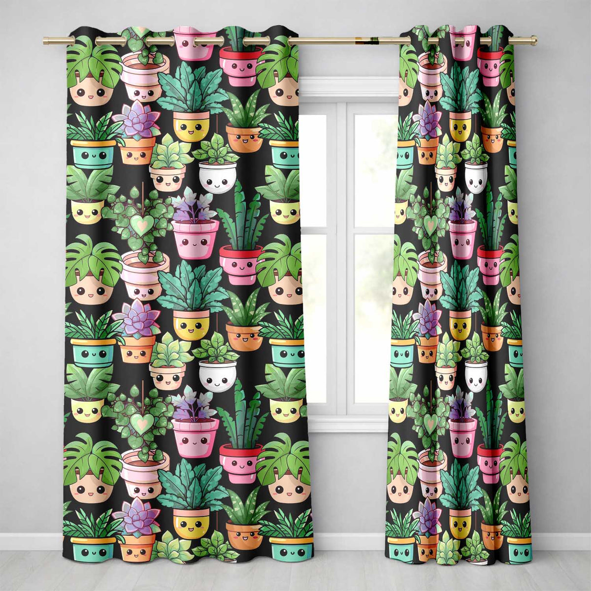 Cute Kawaii Indoor Plants Black Background Seamless Pattern  Readymade Eyelet Ring Top Thermal 100% Blackout Curtains