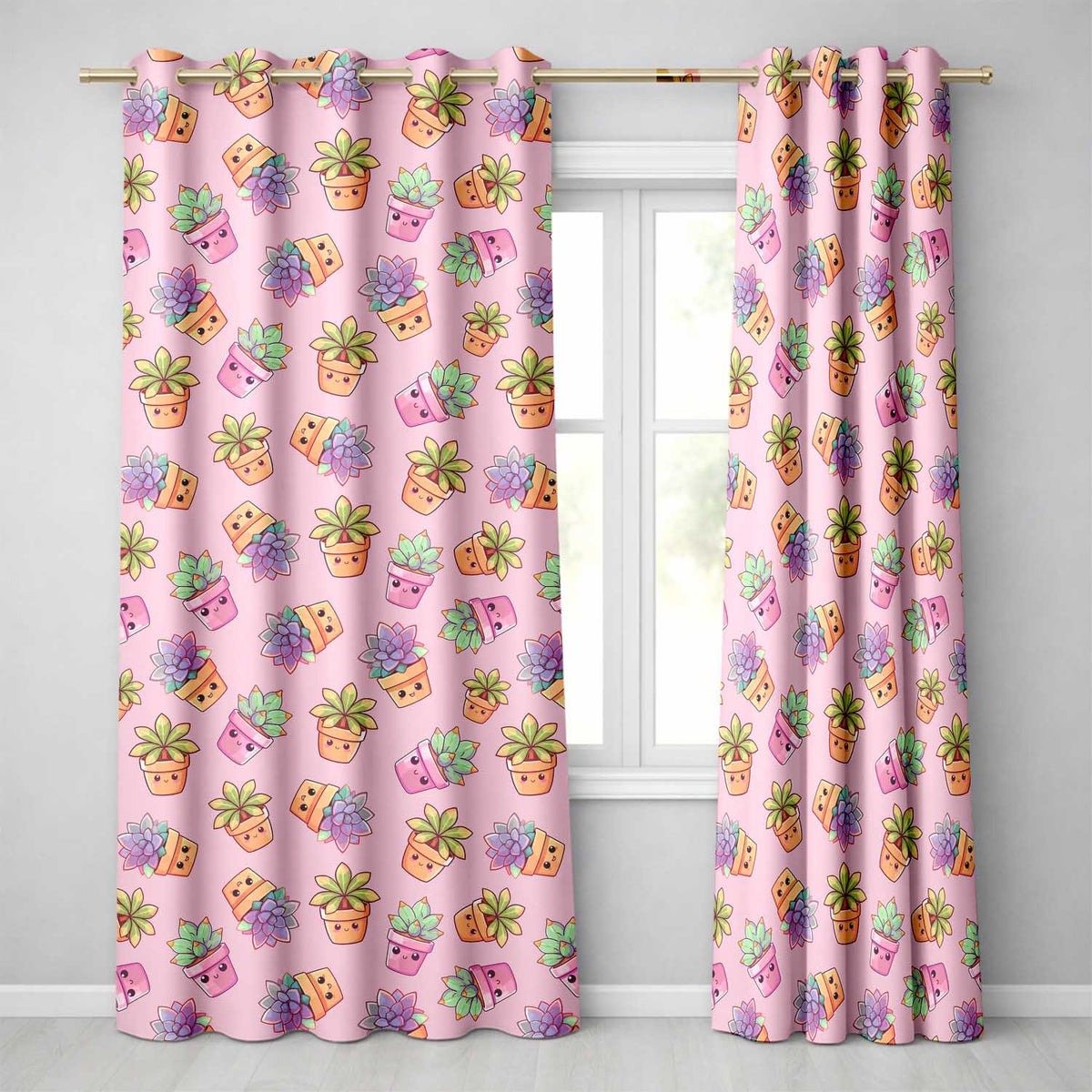 Cute Kawaii Succulent Plants Rose Pink Background Seamless Pattern  Readymade Eyelet Ring Top Thermal 100% Blackout Curtains
