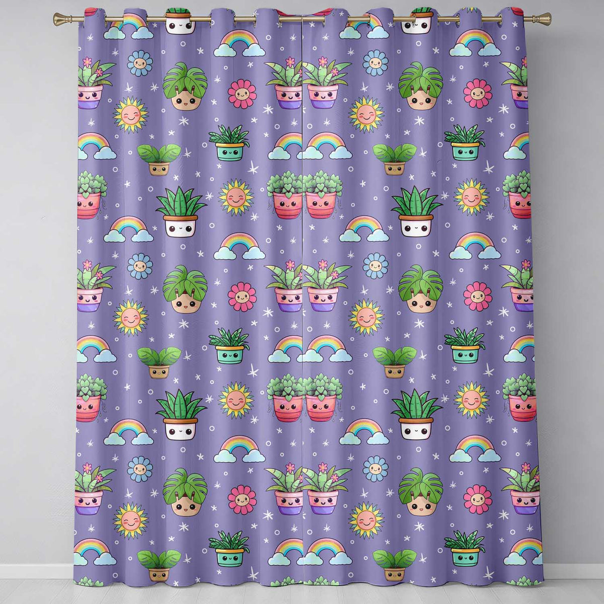 Cute Kawaii Plants Rainbows Smiling Sun Purple Background Seamless Pattern  Readymade Eyelet Ring Top Thermal 100% Blackout Curtains