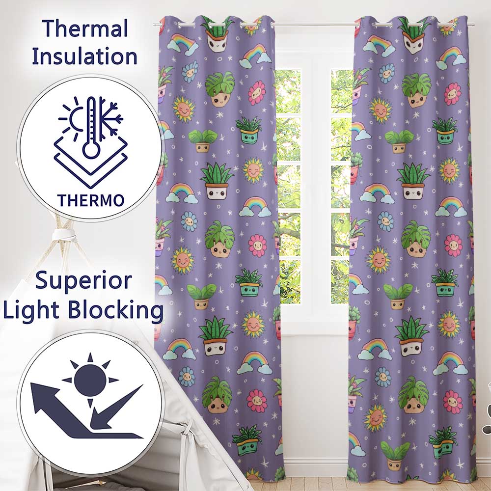 Cute Kawaii Plants Rainbows Smiling Sun Purple Background Seamless Pattern  Readymade Eyelet Ring Top Thermal 100% Blackout Curtains