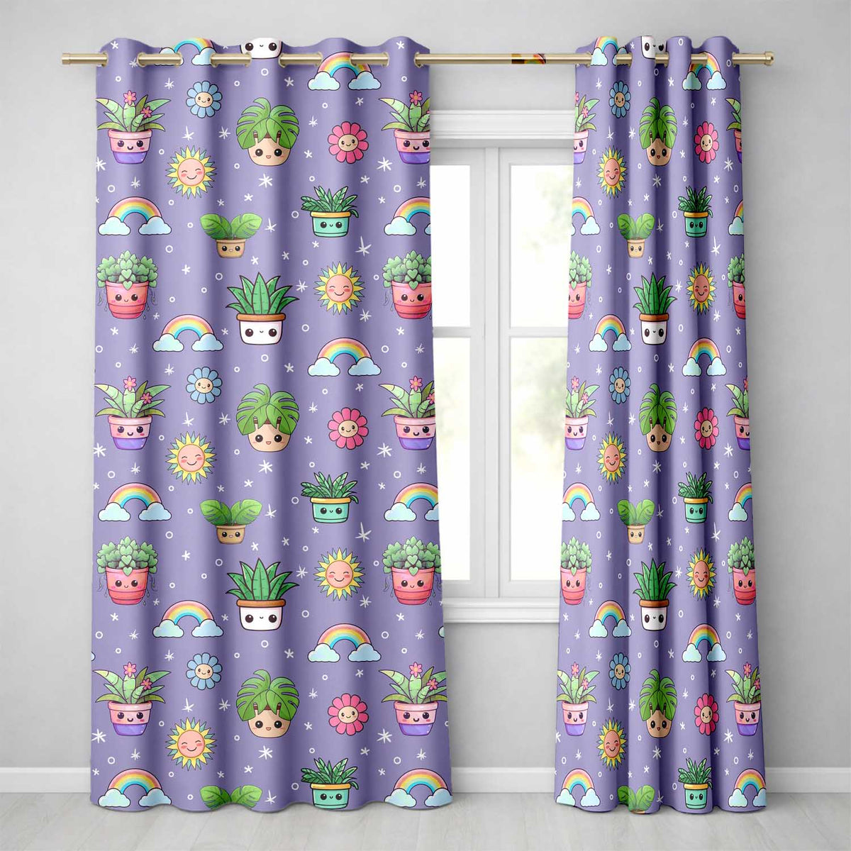 Cute Kawaii Plants Rainbows Smiling Sun Purple Background Seamless Pattern  Readymade Eyelet Ring Top Thermal 100% Blackout Curtains