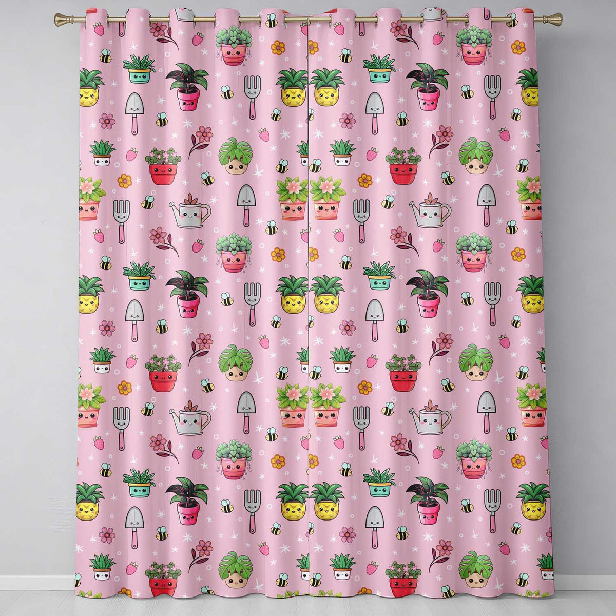 Cute Kawaii Garden Tools Bees Flowers Plants Pink Background Seamless Pattern  Readymade Eyelet Ring Top Thermal 100% Blackout Curtains