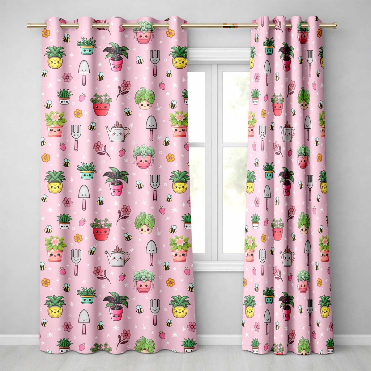 Cute Kawaii Garden Tools Bees Flowers Plants Pink Background Seamless Pattern  Readymade Eyelet Ring Top Thermal 100% Blackout Curtains