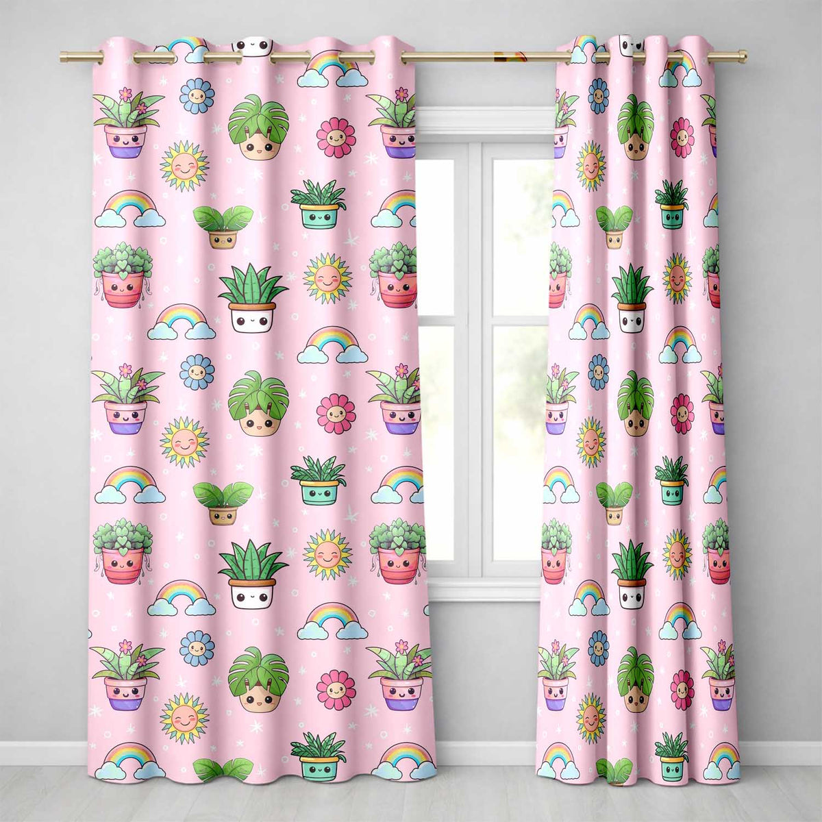 Cute Kawaii Tropical Plants Rainbow Sun Soft Pink Background Seamless Pattern  Readymade Eyelet Ring Top Thermal 100% Blackout Curtains