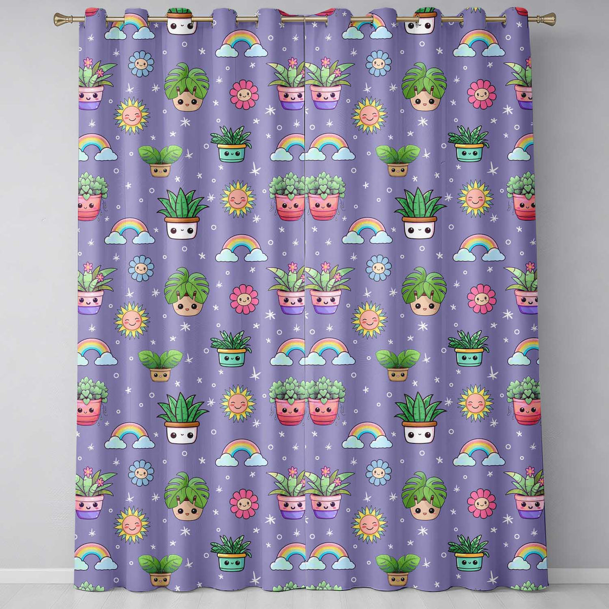 Cute Kawaii Tropical Plants Rainbow Sun Purple Background Seamless Pattern  Readymade Eyelet Ring Top Thermal 100% Blackout Curtains