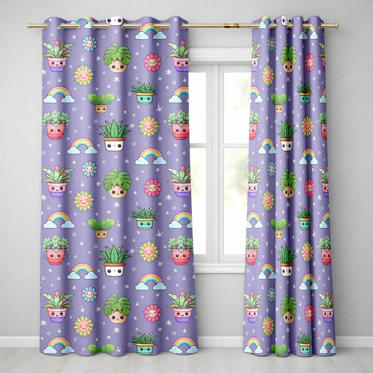 Cute Kawaii Tropical Plants Rainbow Sun Purple Background Seamless Pattern  Readymade Eyelet Ring Top Thermal 100% Blackout Curtains