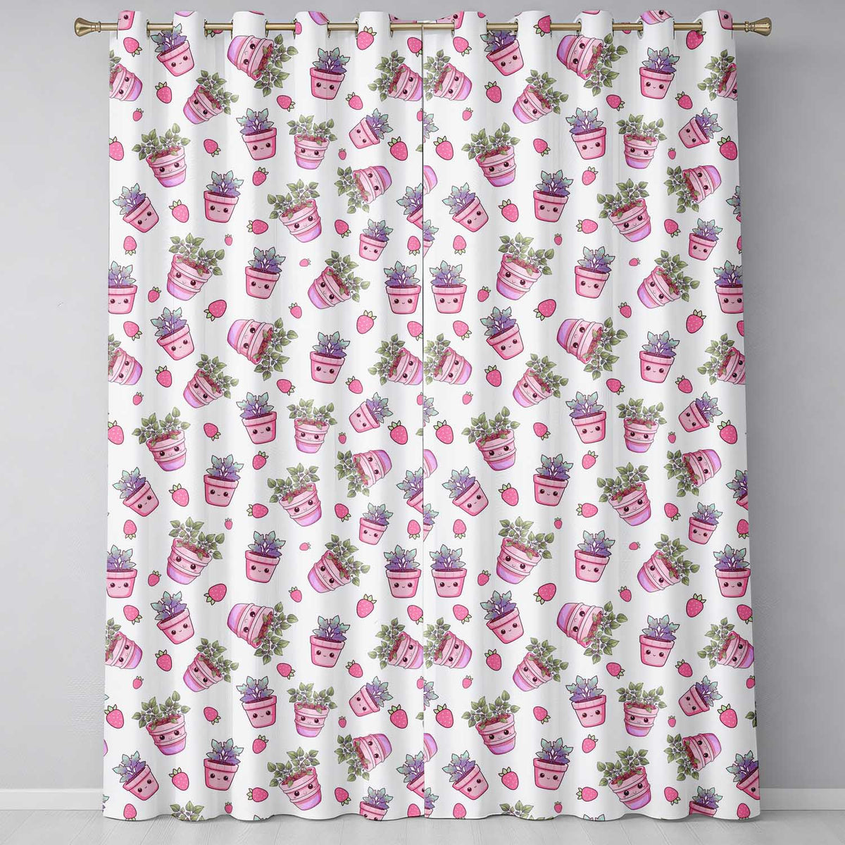 Cute Kawaii Pink Plant Pots Strawberries Seamless Pattern  Readymade Eyelet Ring Top Thermal 100% Blackout Curtains
