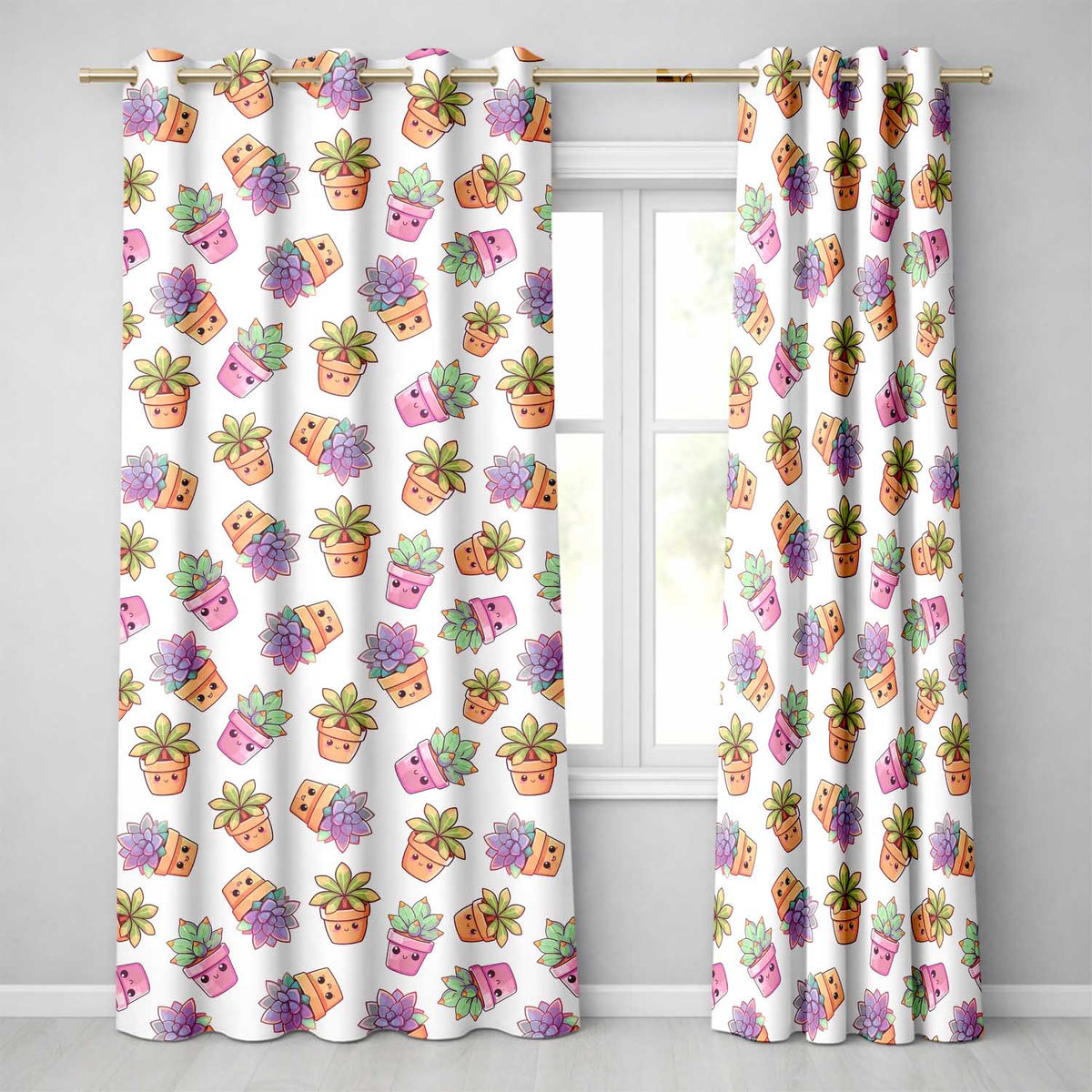 Cute Kawaii Floral Plant Pots Pastel Dots Seamless Pattern  Readymade Eyelet Ring Top Thermal 100% Blackout Curtains